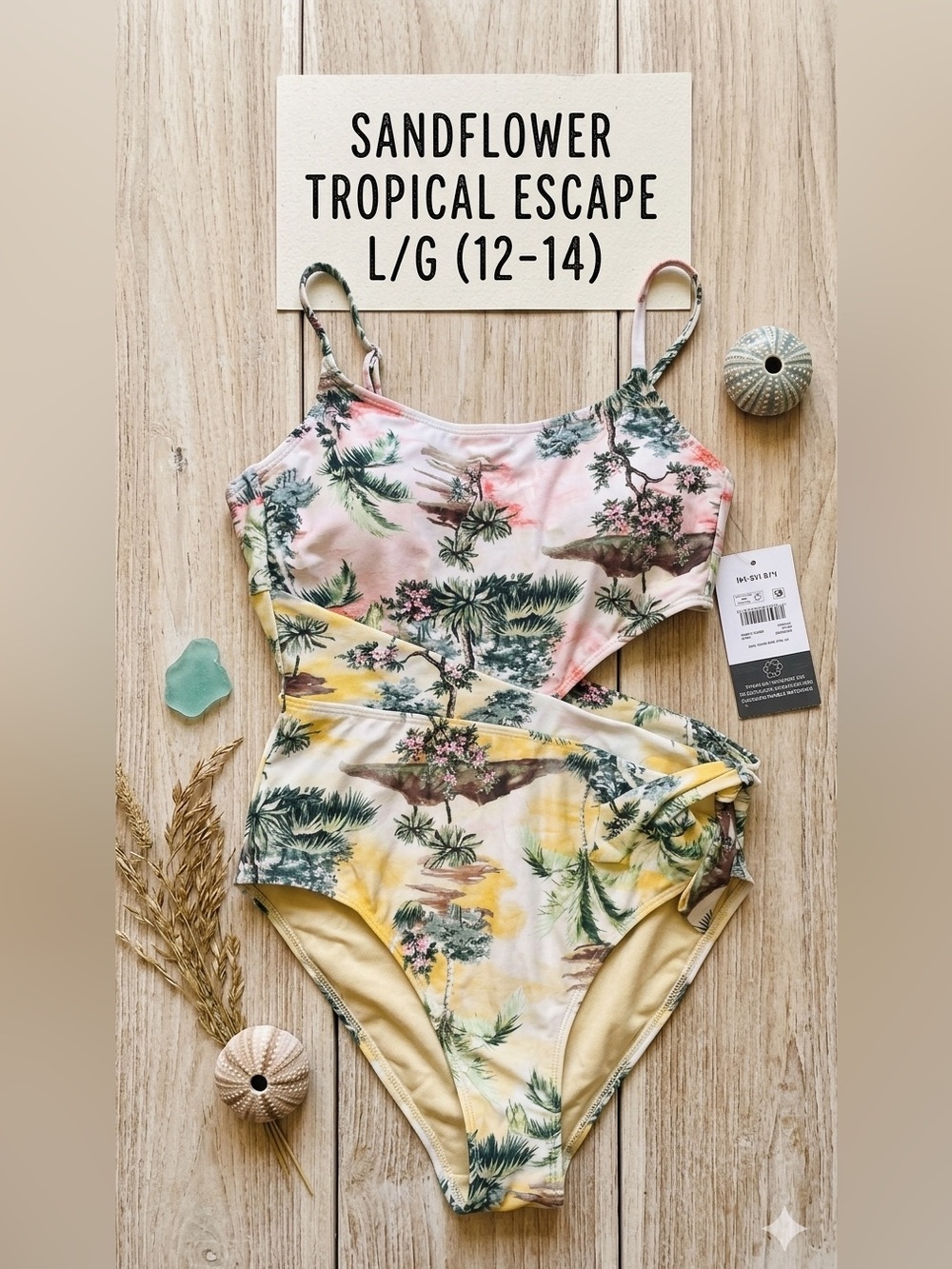 NWT Sandflower Tropical Cut-Out One Piece Swimsuit Landscape Print Large